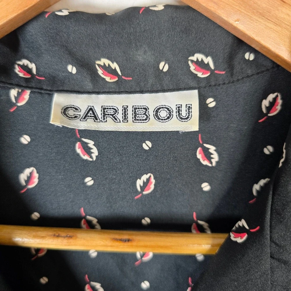 Vintage Caribou Black Floral Print Button Up Short Sleeve Blouse Women's Size XL